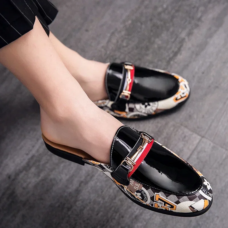 Summer semi-drag breathable sandals men's casual shoes fashion loafers handmade shoes pointed-toe casual leather men's shoes