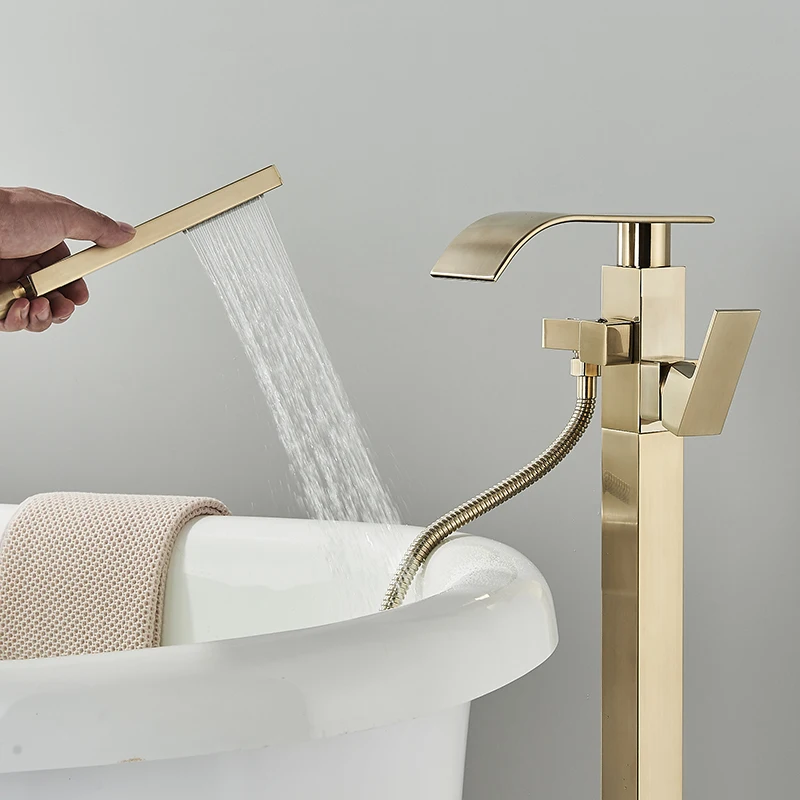 Matte Black Square Bathtub Shower Faucets Floor Standing Faucet Hot Cold Water Shower Mixer Tap Bathroom Waterfall Mixer 3