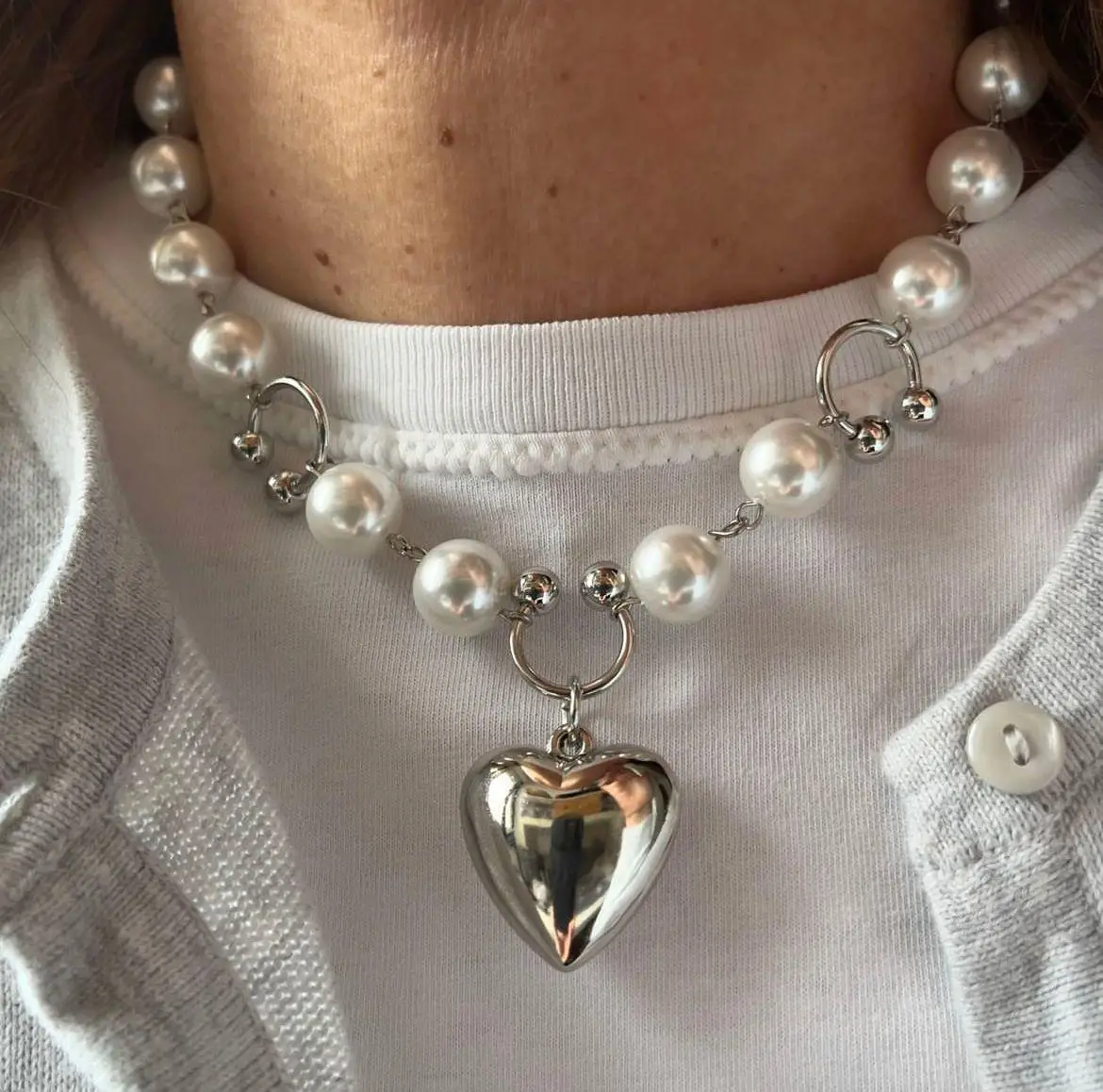 Womens Heart Charm Necklace with Pearl Accents