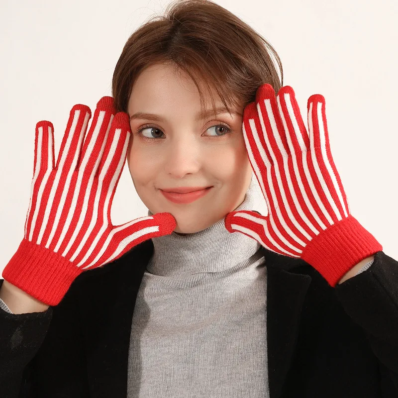 

Colorful Winter Gloves for Women 2022 Vertical Stripe Knit Gloves for Woman Thick Warm Plush Lining Mittens