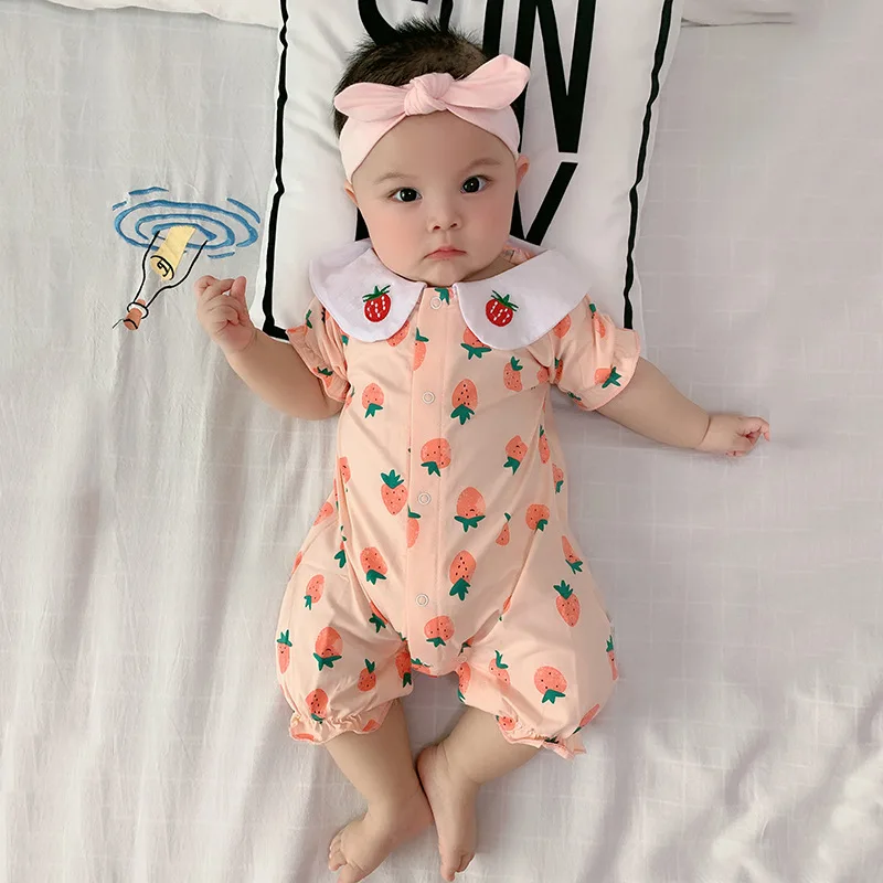 

2023 Summer New Baby Girls Romper Strawberry Cherry Printed Peter Pan Collar Short Sleeve Cotton Bodysuit Cute Girl Jumpsuit