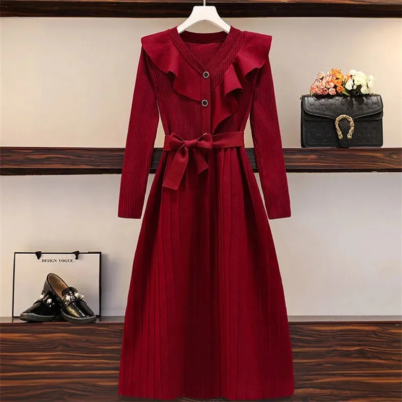 

Женское трикотажное платье-свитер средней длины, Красное Облегающее платье с оборками по краям, Осень-зима 2024