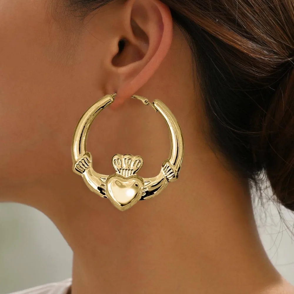 Big Chunky Claddagh Hoop Earrings for Women Crown Heart Design Lovely Statement Jewelry Gift for Valentine's Day 2