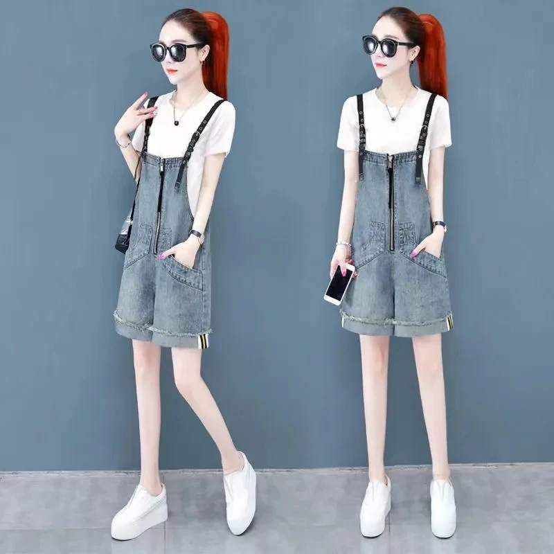 Korean Jumpsuit Shorts For Women Summer Loose Wide Leg Short Overalls Jeans Casual Zipper Pockets Denim Rompers Female Playsuits