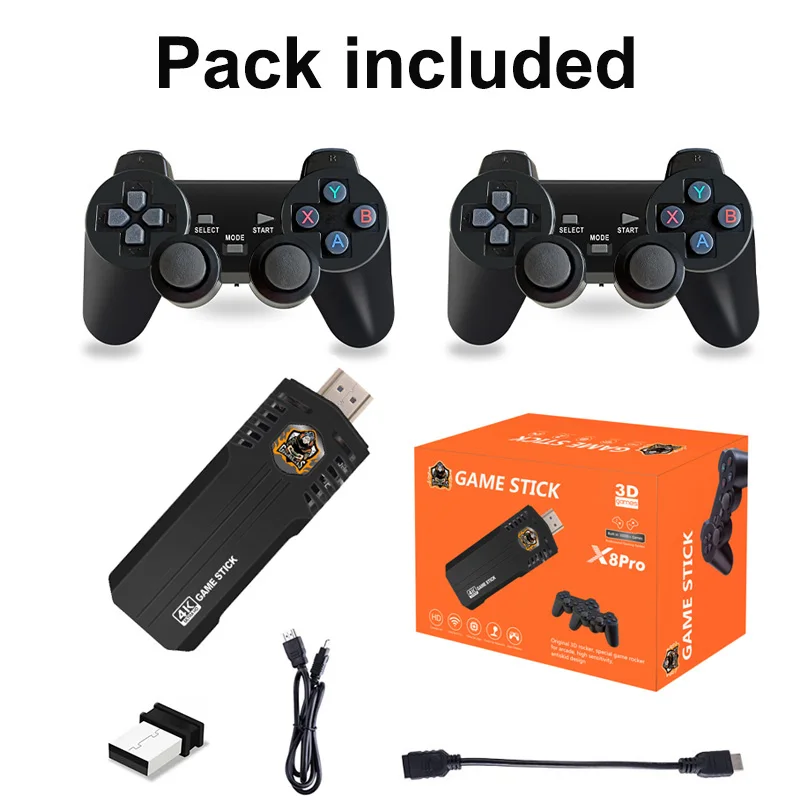 X8 Pro Game Stick 4K 46 Emulator Wifi 2.4G TV Stick With Two Wireless Handles 30000 Games Mini TV Box