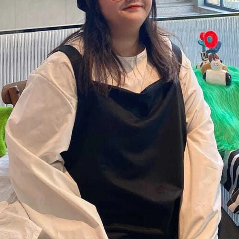 Korean Plus Size Clothes Round Neck White Puff Long Sleeve Top Fashion Black Pocket Design Loose Women's Sets Long Strap Dress