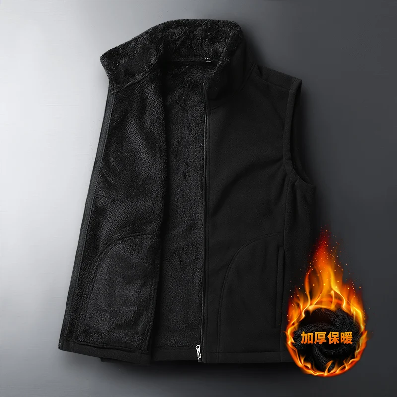 Men's Autumn Winter Fashion Casual Thick Sleeveless Solid Color Stand Collar Pockets Warm Cardigan Zipper Middle-aged Vest Coat