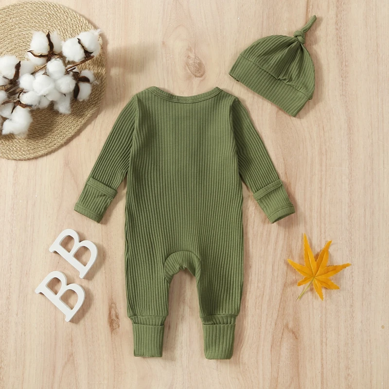 Newborn Baby Boy Clothing Outfits Solid Color Ribbed Long Sleeve Romper Jumpsuit with Hat for Infant Toddler Fall Clothes 3