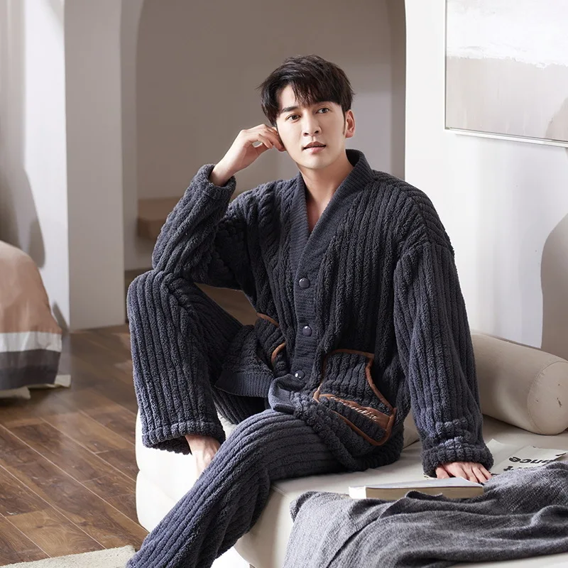 Winter Men's Flannel Pajamas Set V-neck Coral Velvet Cardigan Plush Thickened Warm Home Clothing Loose Casual Sleepwear