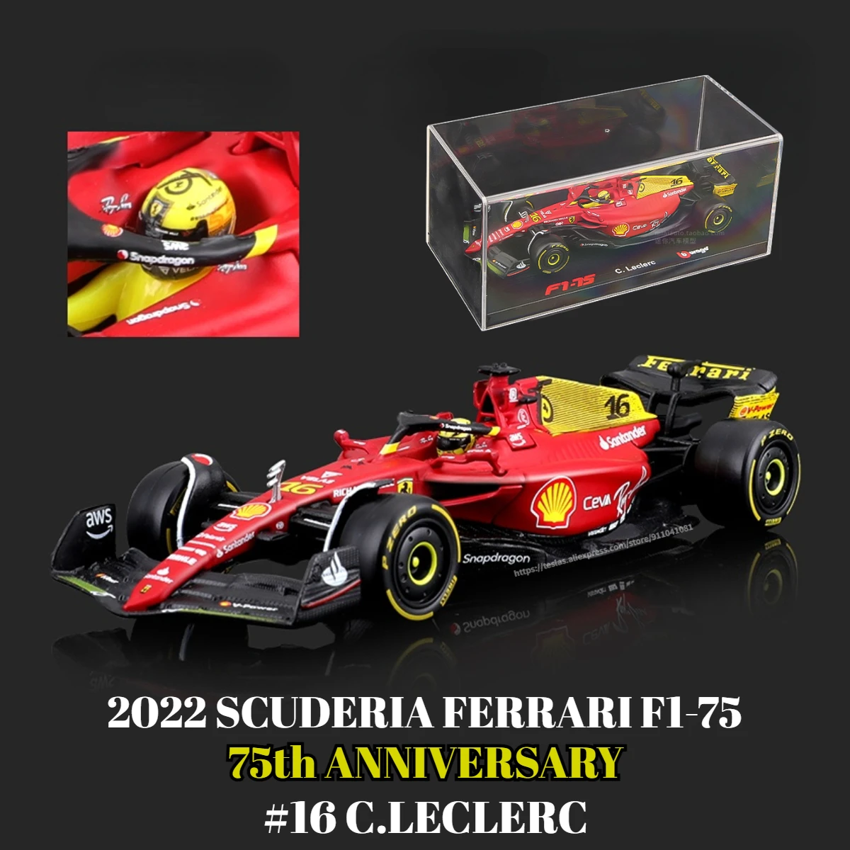 Bburago-F1-2022-Car-Model-with-Showcase-75th-Ferrari-F175-Scale-1-43