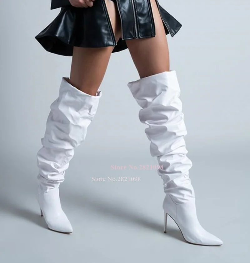 

Ruched Thigh High Boot In White Lather Women Pointy Toe Silhouette Slightly Covered Thin High Heel Oever The Knee Wide Bootie