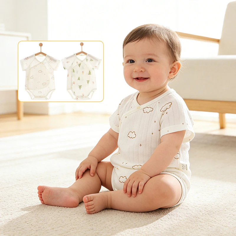 Babykleidung für Mädchen und Jungen, Sommer, leichte, kurzärmelige Kleidung für Neugeborene, reine Baumwolle, dreieckiger Bauchschutz