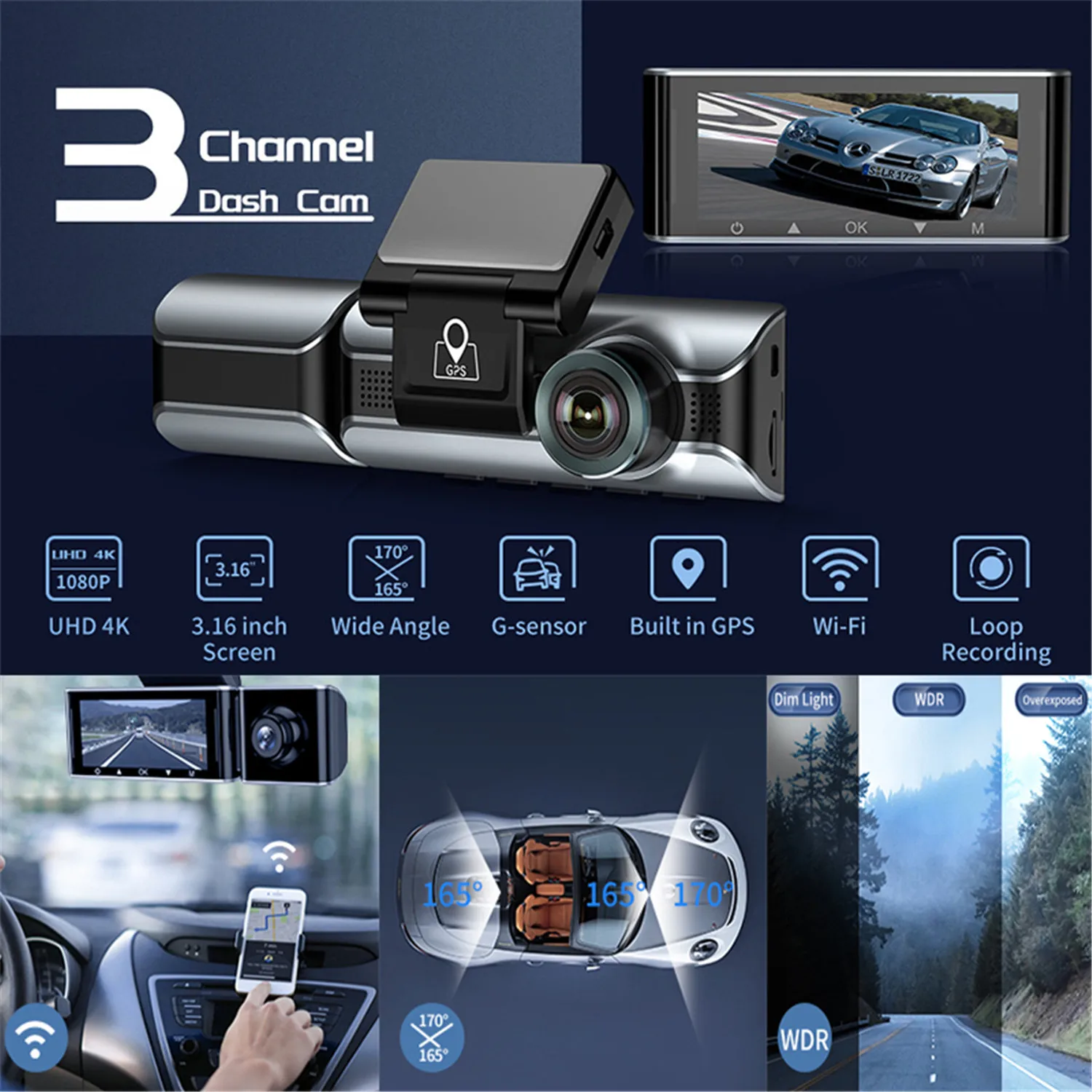 AZDOME-M550  ķ, 3 ä,   ĸ 4K 2160P, ڵ DVR  ī޶, ķ, GPS, 24 ð  ,    