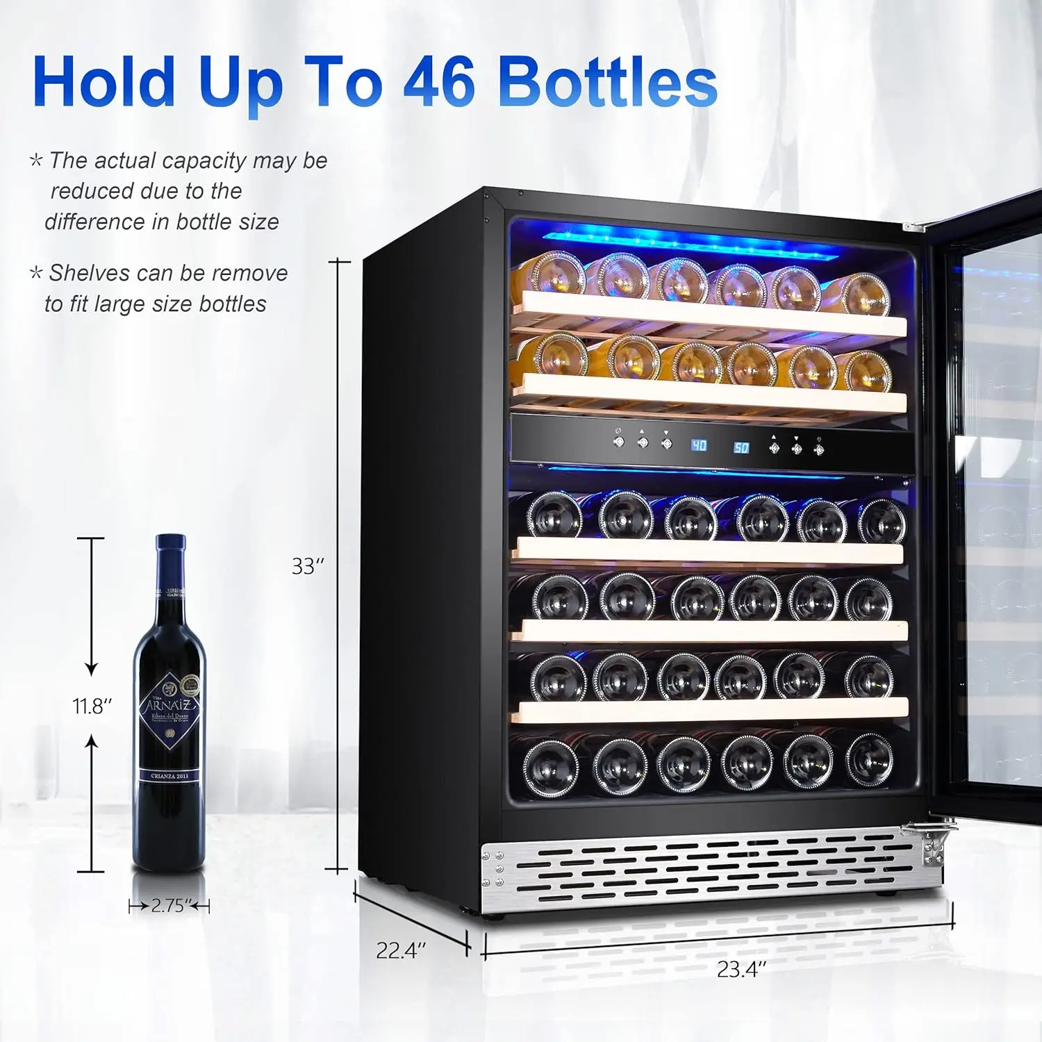 24 inch-46 Bottles Wine Cooler, Built-in Wine Fridge Under Counter or Freestanding Dual Zones, 3