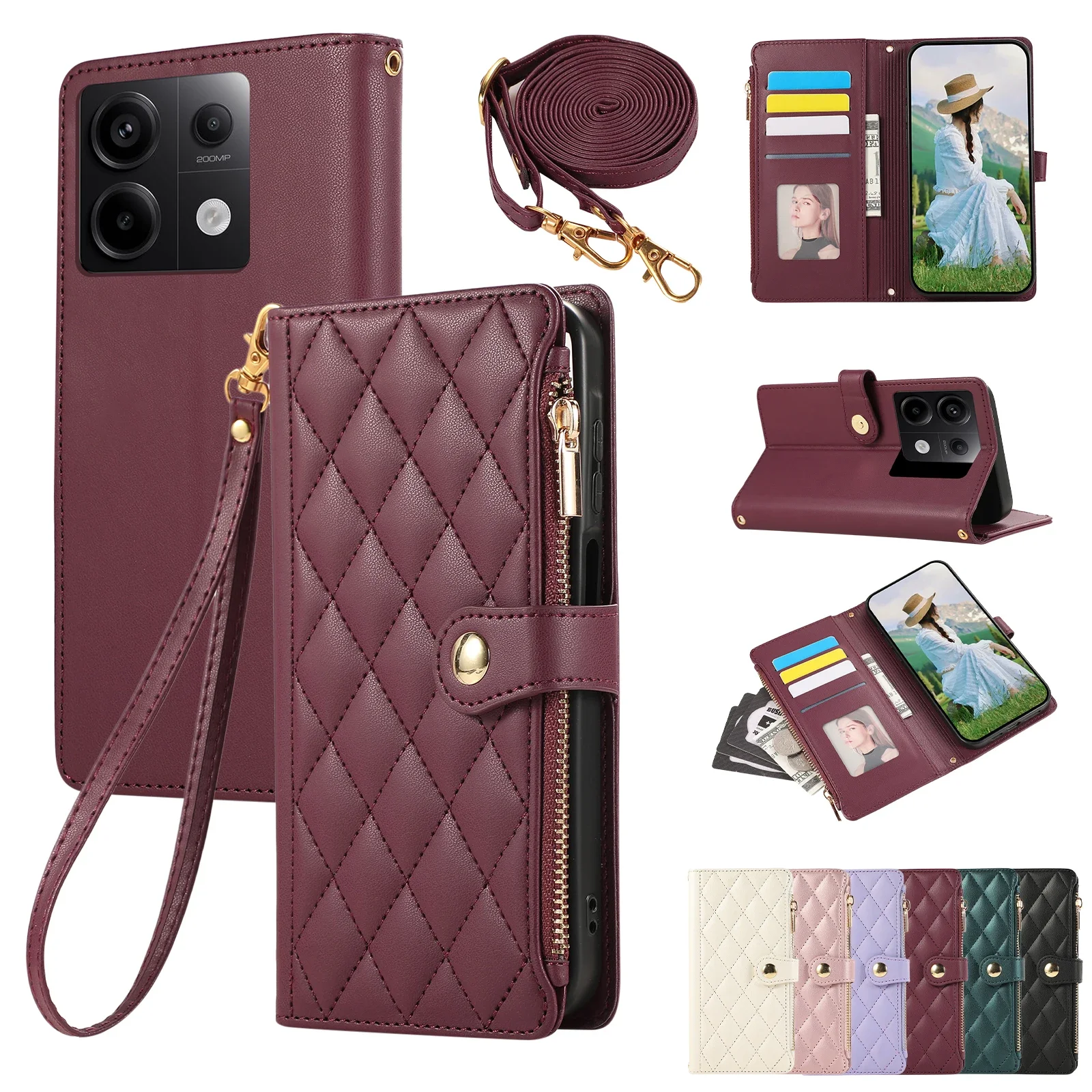 Elegant Crossbody Leather Wallet Case with Zipper and Lanyard - Diamond Design Cover