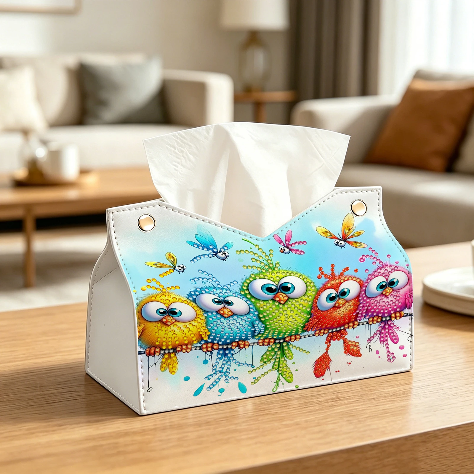 DIY Diamond Art Tissue Box Holder Bird Design PULeather Crystal Mosaic Desktop Organizer Bag Resin Rhinestone Storage Organizer Gem Art Home Office Decor Craft Gift for Women