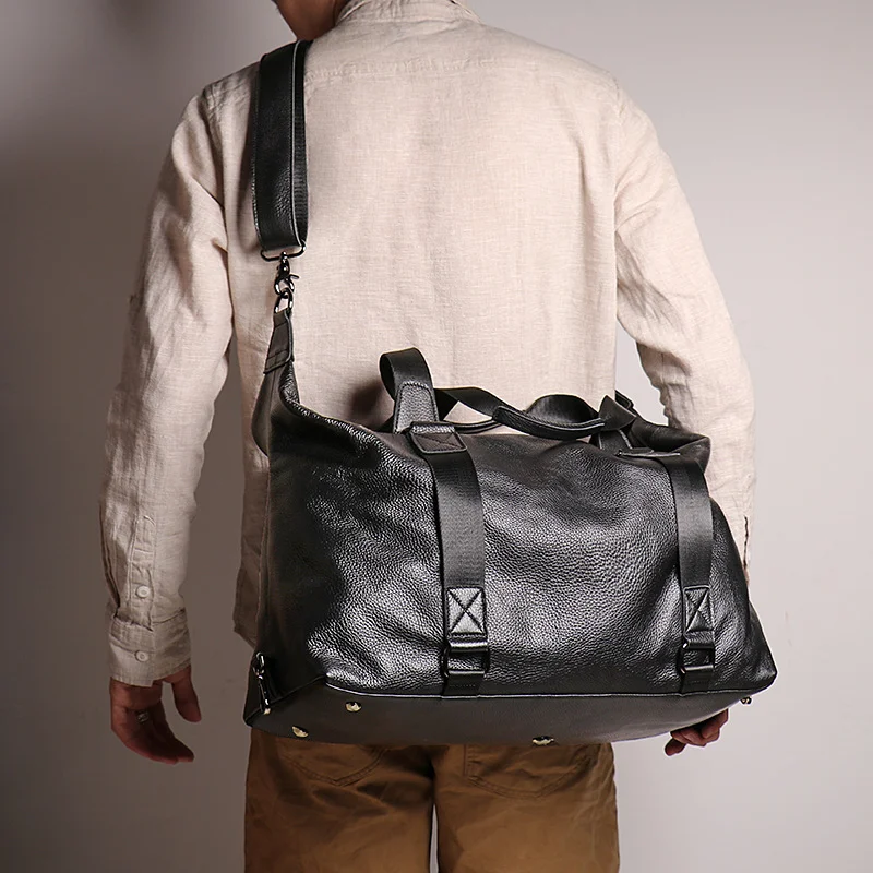 LUOKIR New Men's Leather Travel Bag, Shoulder Crossbody Luggage for Short Business Trips, Large Capacity Genuine Leather Gym Bag