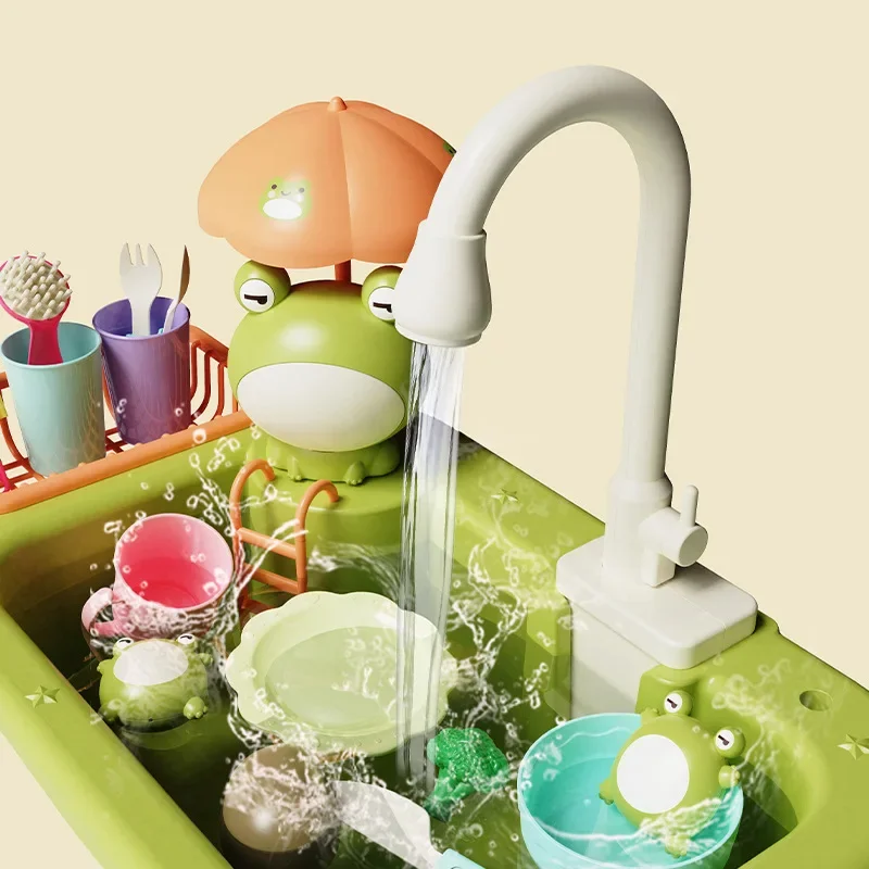 Kid Play Kitchen Sink Taps Toys Running Water Plastic for Toddler Electric Dishwasher Playing Toy Faucet Dishes Playset for Girl