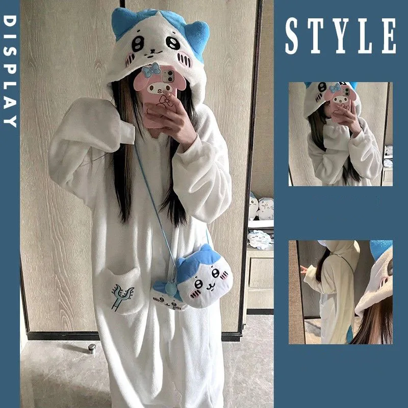 

Kawaii Chiikawa Coral Velvet Hooded Pajamas Cartoon Cute Women's Winter New Plush and Thickened Warm All-In-One Style Home Wear