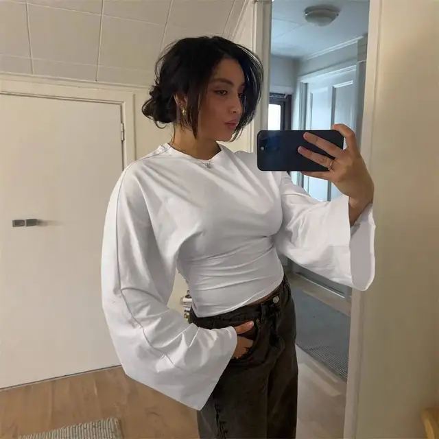 New Women's Long O-Neck Skinny T-Shirt Tops Solid Color Daily Streetwear Pullover Tees Summer Outfit