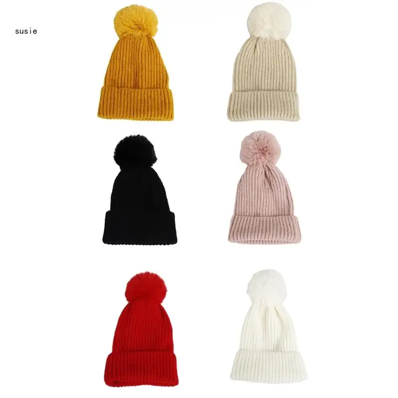 

X7YA Women Knit Beanie Winter Warm Ear Protector Hat Teens Solid Color Pom Pom Hat