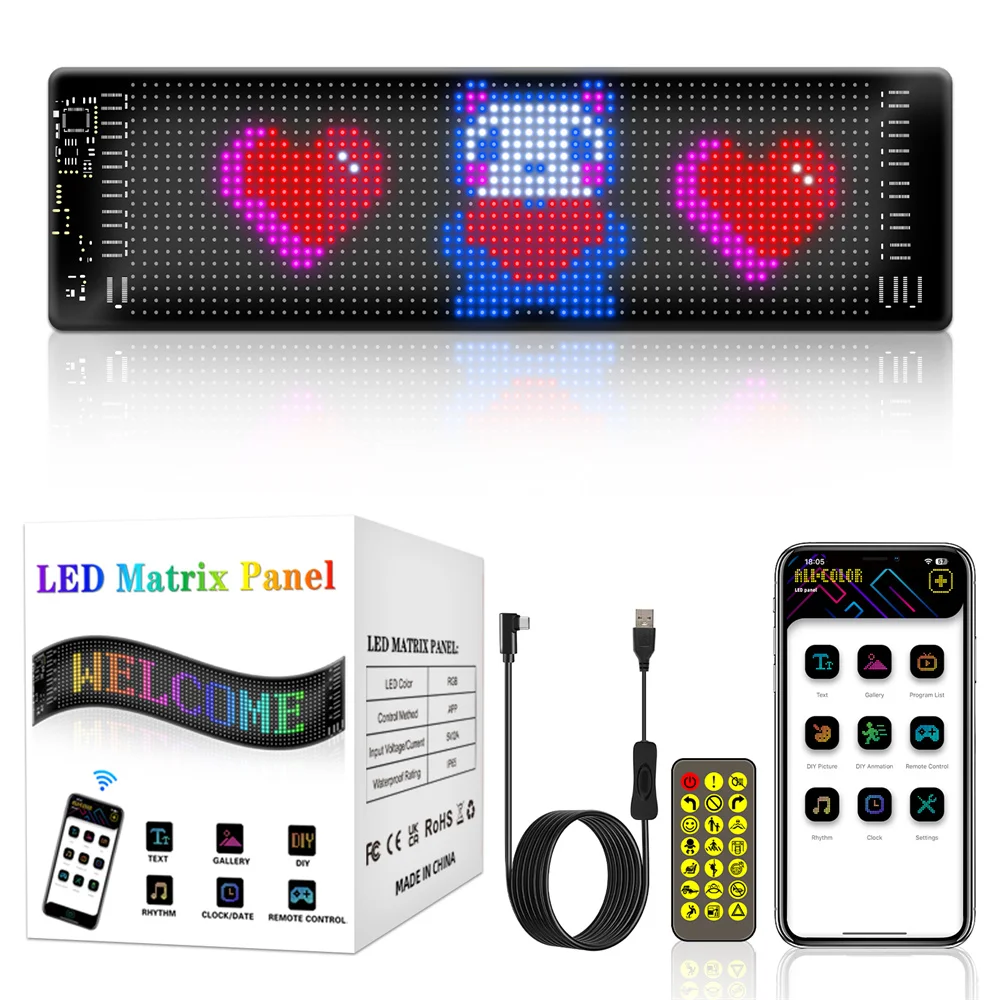 자동차 LED 매트릭스 픽셀 패널, DIY RGB 조명, 그래피티 스크롤링 텍스트 보드, 앞 유리 광고 화면, 블루투스 앱 제어, 5V