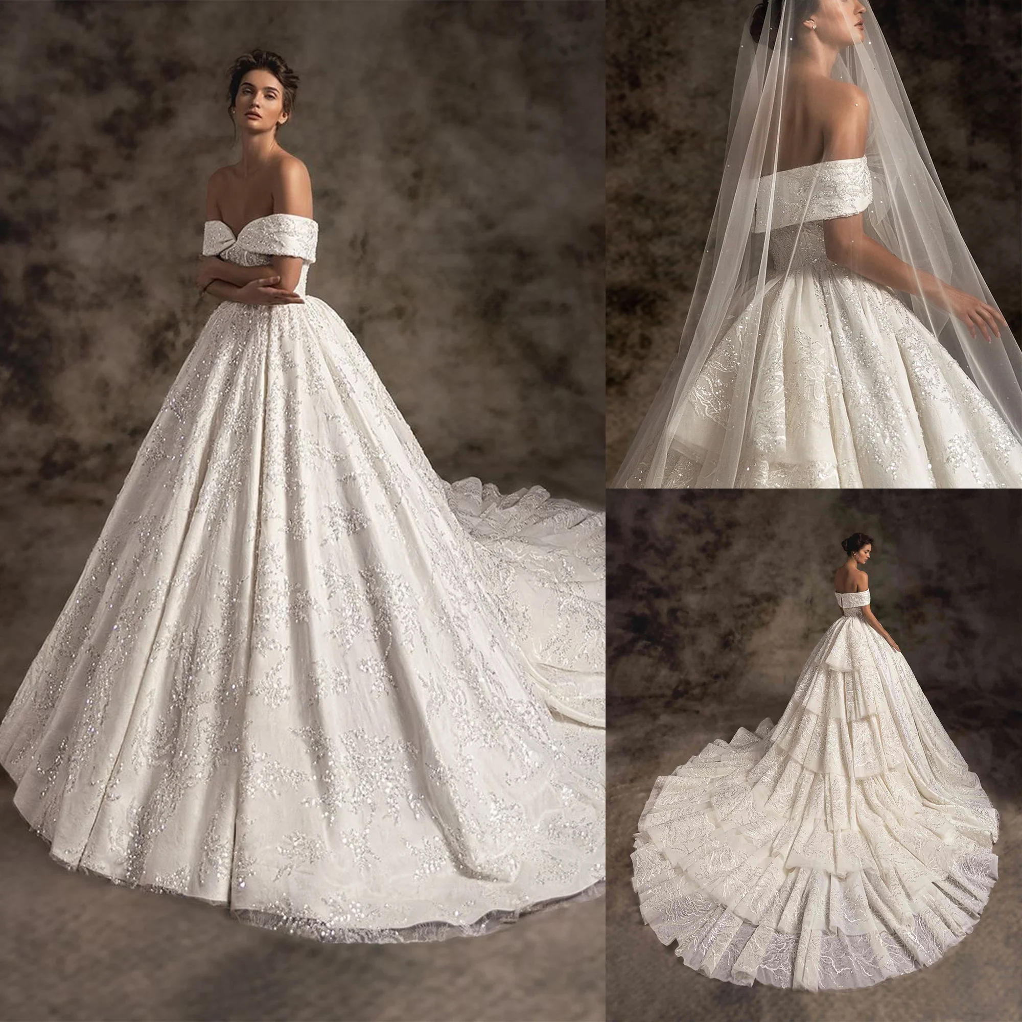 

Classic A-Line Wedding Dress For Women Off-Shoulder Sleeveless Bridal Gown Sequins Court Train Backless Dresses Custom Made