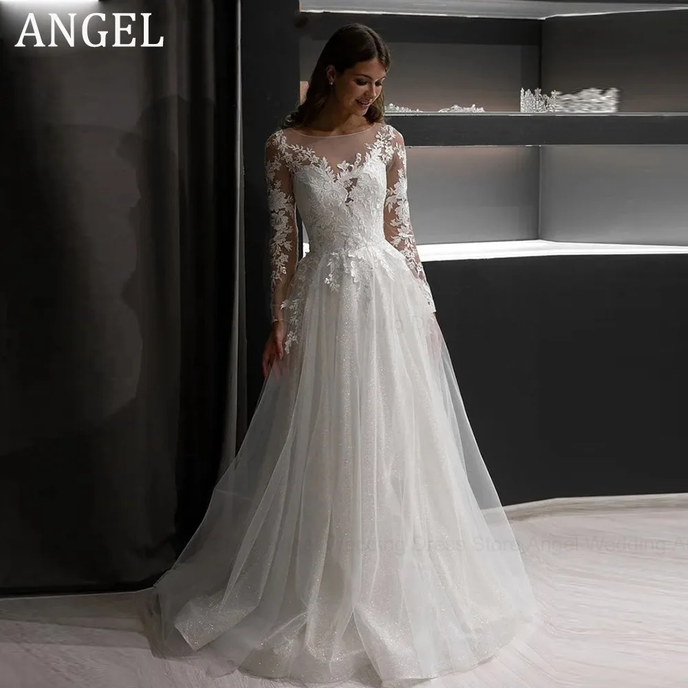 

ANGEL A line Lace Appliques Long Sleeve Glitter Wedding Dress Sequins Illusion Back Beach Bridal Gowns vestido de noiva