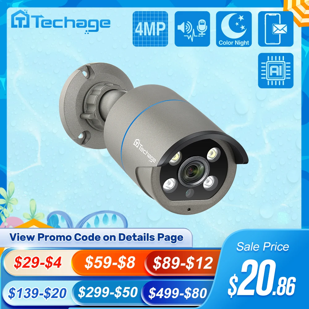 Techage H.265 4MP Two Way Audio POE IP Camera IP66 Waterproof Outdoor Video CCTV Security Surveillance Camera for POE NVR System