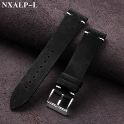 Premium Vintage Oil Wax Leather Watch Band - Handmade Stitching Cowhide Strap - 21mm (Black)