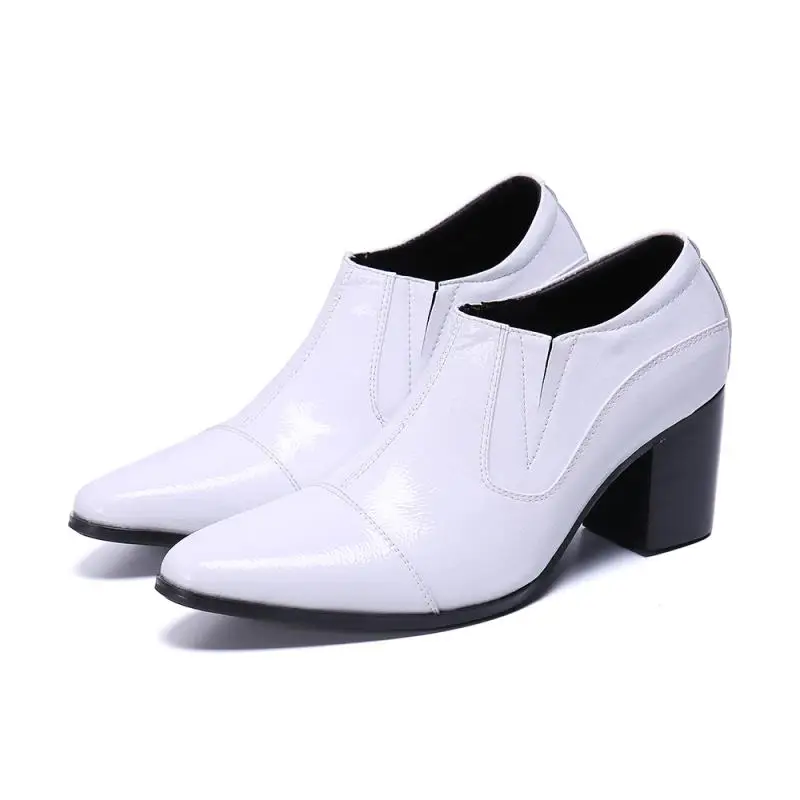 Men's pointed high heels 8cm tall, black and white soft cowhide handmade casual British shoes