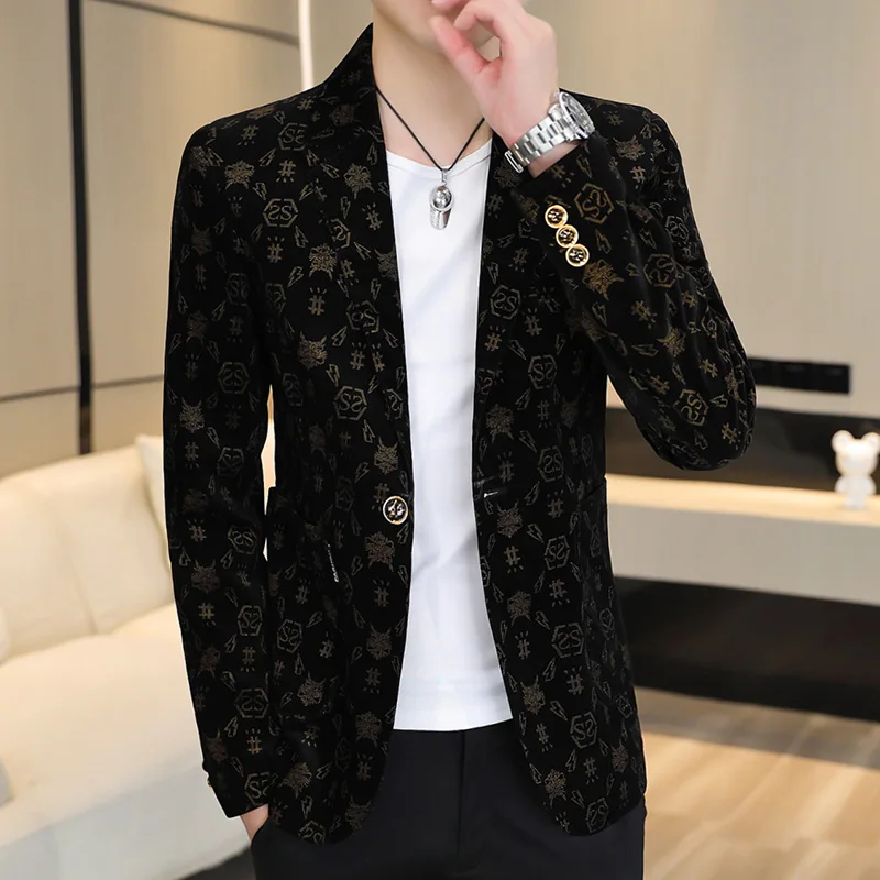 Blazer New Men's Fashion Corduroy Business Gentleman Slim Letter English Style Outdoor Performance Wedding Banquet Casual Blazer 4