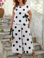 【Plus Size】 Two-Piece Set Polka Dot Print Top & Wide Leg Pants Set, Casual Fashion Cozy Top & Trousers for Daily Outdoor Wear, W - Image 4
