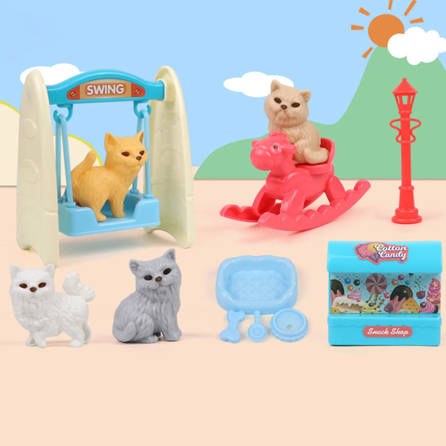 Children's play pet house toys, small dog and cat bathroom swing scenes, simulated feeding cat and dog pet houses