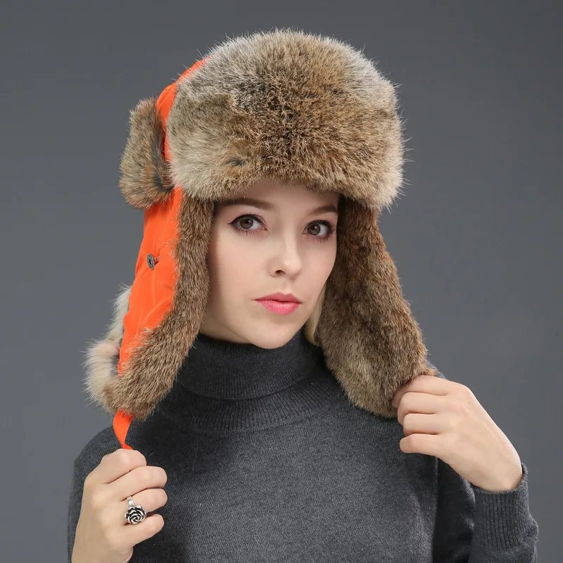 Russia Winter Real fur Hat Unisex Outdoor Windproof Super Warm Real Rabbit Fur Bomber Hats Natural Soft Natural Rabbit Fur Caps 3