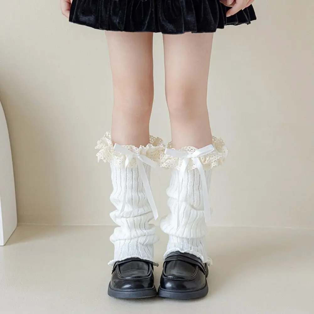 Fashion Harajuku Bow Ribbon Leg Warmers Solid Color Sweet Lolita Knitted Socks Long Stockings Kawaii Knitted Foot Cover Girls