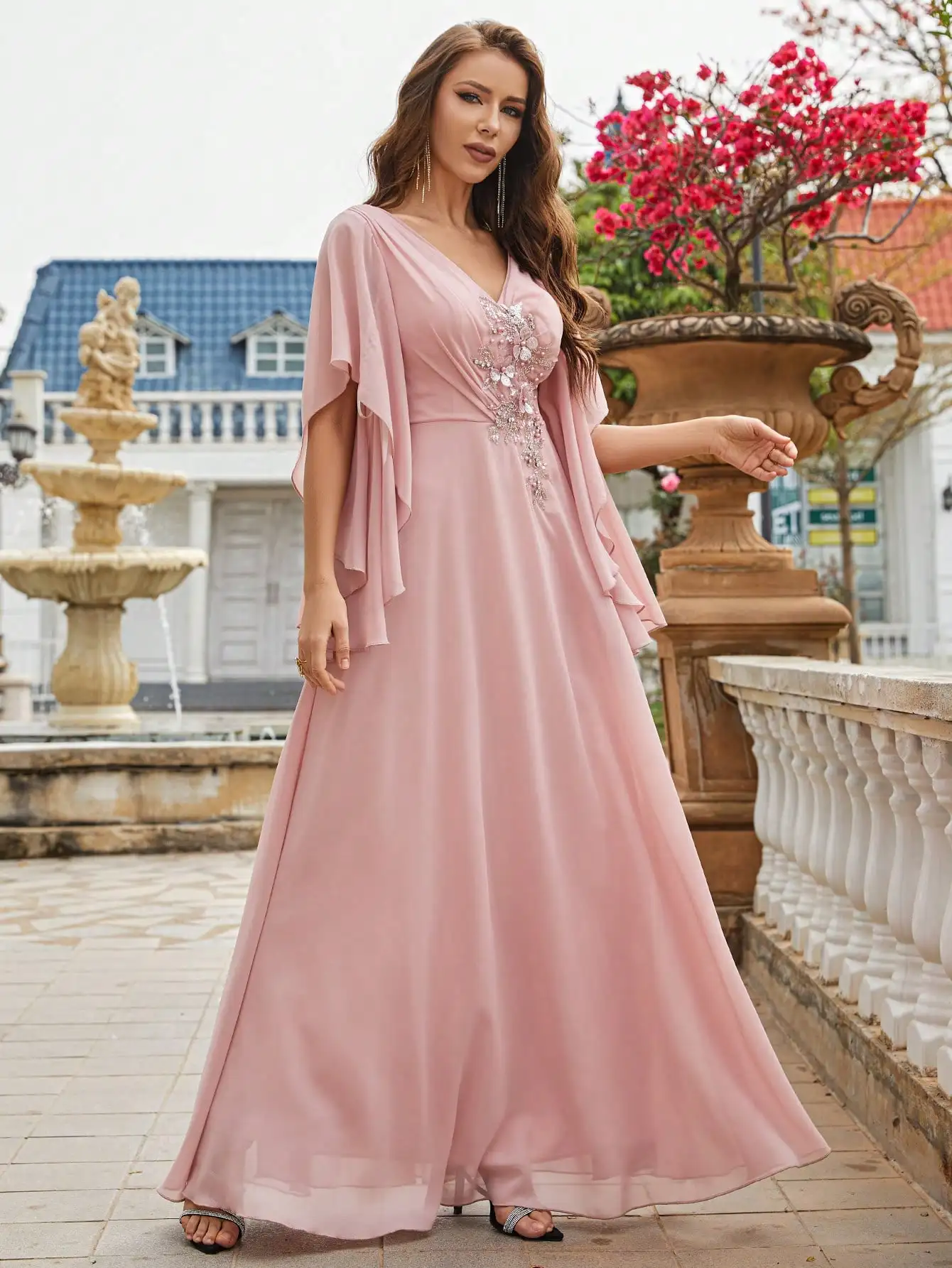 Unithorse Pearls Detail Butterfly Sleeve Chiffon Bridesmaid Dress 5