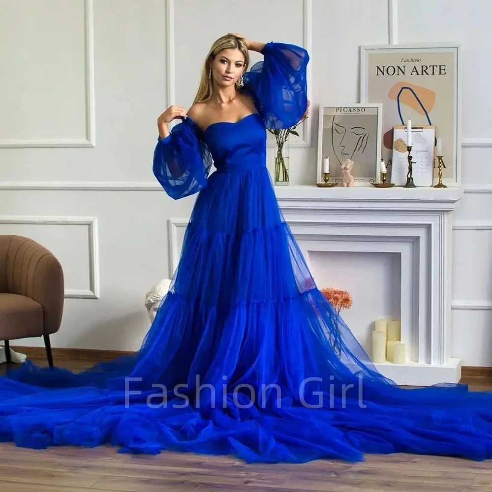 

Royal Blue Organza Evening Dress Long Sleeve Sweetheart Chapel Train A-Line Elegant Women Formal Occasion Luxury Prom Gown