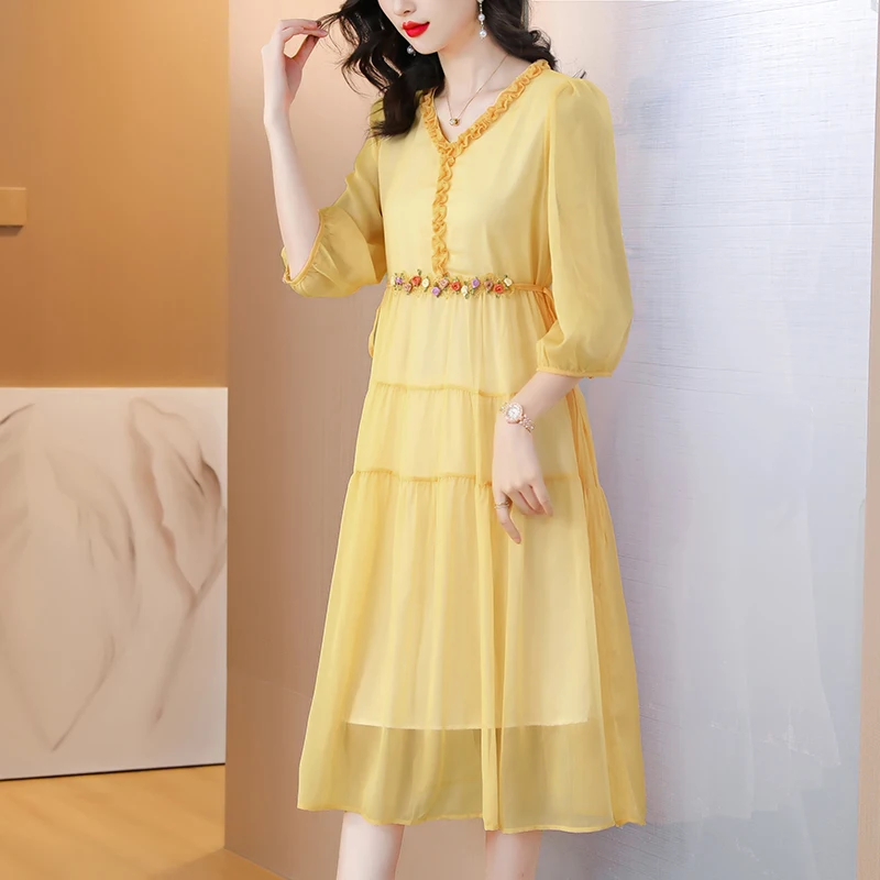 

Summer Fashion Versatile Silk Solid Color Dress for Women 2023 New Vintage V-neck Loose Fit Casual Vacation Party Vestidos