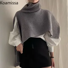 

Koamissa Korean Fashion Women Turtleneck Sweater Autumn Winter Irregular Knitted Crop Top Casual Sleeveless Thick Shawl Pullover