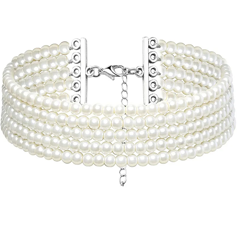 Mode Multilayer Elegante Weiße Perle Kragen Choker Halskette Für Frauen Perlen Handgemachte Hochzeit Banguet Halskette Vintage-Schmuck
