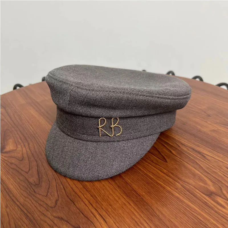 Fashion Cotton Newsboy Cap with Handmade Metal Letter Label Short Brim Women's Navy Style Beret Flat Visor Caps