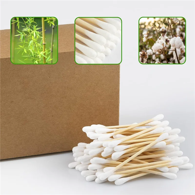 200Pcs Bamboo Cotton Swabs Wooden Sticks Organic Cotton Buds Round Tips Double Heads Baby Ear Sticks Cleaning Ears