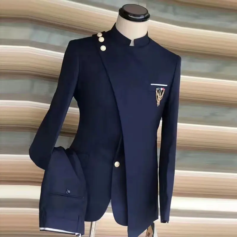 Men Pant Suit Black Fashion Formal Wedding Slim Fit Groom Tuxedos Jacket Chic Stand Collar Business Lrregular Blazer 2 Piece Set