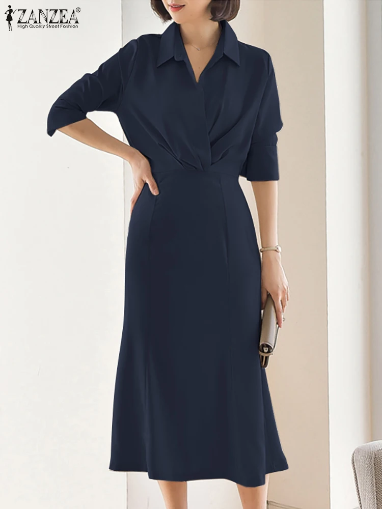 

Женский Элегантный вертикальный сарафан ZANZEA, однотонные платья с коротким рукавом и V-образным вырезом, Осеннее модное боди, винтажное офисное платье, модель 2023 года