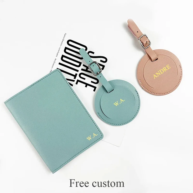 

Free Custom Name Travel Passport Holder Luggage Tag Set PU Leather Personalize Letters Gift Passport Cover Suitcase Name Label