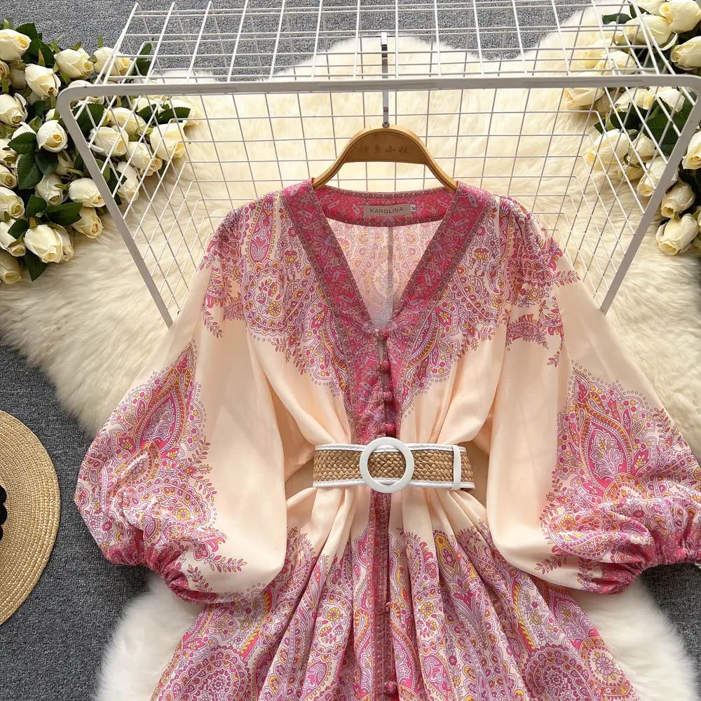 Vintage Print Elegant V-neck Lantern Long Sleeve Dress A-line Casual Women Fashion Autumn Spring Vestidos