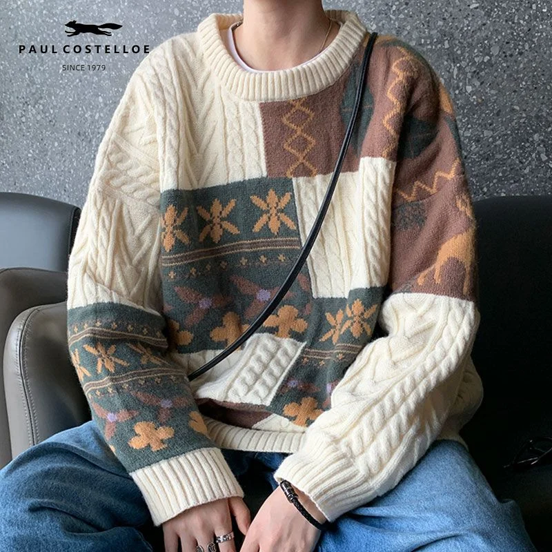 

Hip Hop Splicing Block Retro Floral Embroidery Sweaters Mens Women Streetwear Oversized Knitted Pullover Harajuku Winter Clothes