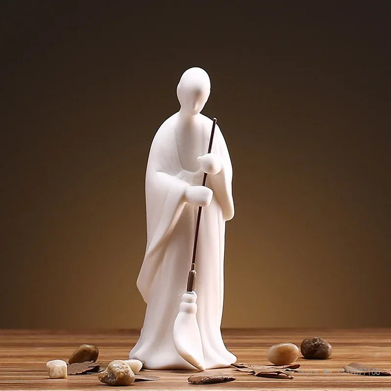 Zen Ceramic Little Monk Tea Pet Decoration Boutique Creative Figure Sweeping Monk Tea Room Tea Ceremony Table Decoration, 1Pc
