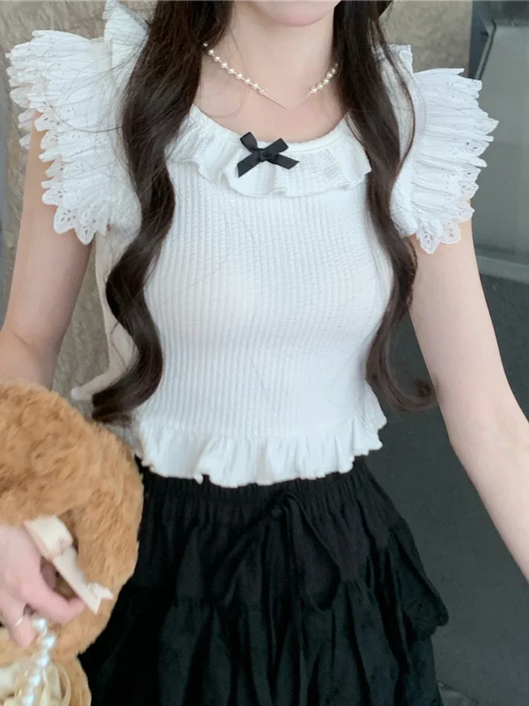 

Летние белые японские кавайные майки, женские милые кружевные кроп-топы с летящим рукавом, Женская корейская модная элегантная одежда с бантом, новинка 2023